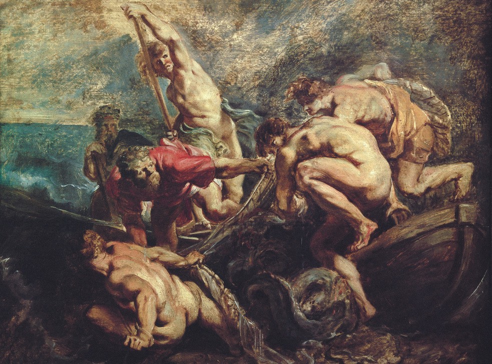 Peter Paul Rubens, Der wunderbare Fischzug (Boot,Christentum,Fischer,Flämische Kunst,Mann,Religion,Fischerboot,Barock,Akt,Neues Testament,Bibel,Jünger,Niederländische Kunst,Wunderbarer Fischzug (Erscheinung Jesu),Netz,Fischfang)
