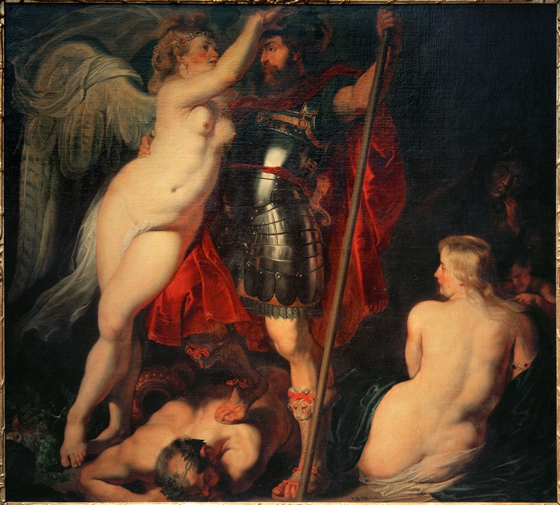 Peter Paul Rubens, Die Folgen der Tugend: Der Tugendheld von der Siegesgöttin (Flämische Kunst,Held,Kriegsgefangene,Laster,Mythologie,Rüstung (Schutzkleidung),Barock,Allegorie,Sieg (Erfolg),Tugend,Psychomachie,Lorbeerkranz,Niederländische Kunst,Siegerehrung,Tugendheld,Brustpanzer,Siegerpose,Griechisch-Römische Mythologie)
