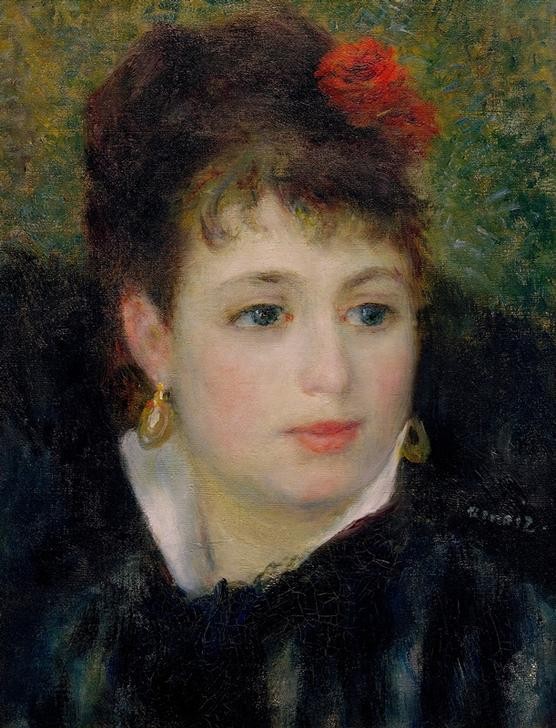 Pierre-Auguste Renoir, Femme à la rose (Frau,Kunst,Mensch,Rose,Schmuck,Impressionismus,Ohrring,Portrait)