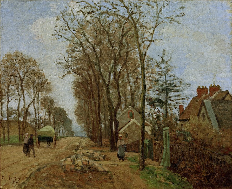 Camille Pissarro, Die Straße von Saint-Germain nach Louveciennes (Dorfstrasse,Dorf,Kunst,Landschaft,Strasse (Allgemein),Impressionismus,Französische Kunst,Fussgänger)