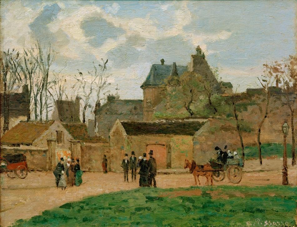 Camille Pissarro, Das Gerichtsgebäude von Pontoise (Gericht (Justiz),Kunst,Landschaft,Mensch,Spaziergang,Strassenszene,Impressionismus,Gerichtsgebäude,Französische Kunst,Pferdegespann)