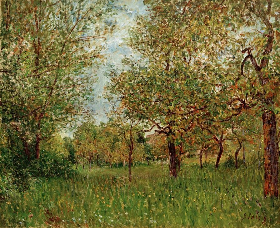 Alfred Sisley, Kleine Wiese in By  (Grten, Obsbäume, Wiese, Sommer, Idylle, Wohnzimmer, Treppenhaus, Impressionismus, Klassische Moderne, Malerei, Wunschgröße, bunt)