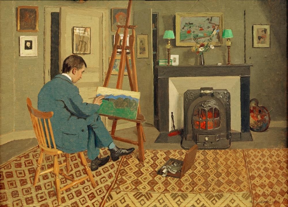 Felix Vallotton, Max Rodrigues-Henriques im Atelier seines Schwiegervaters (Grafiker,Kunst,Maler (Künstler),Mann,Wohnung,Staffelei,Bild Im Bild,Interieur,Schweizerische Kunst,Nabis,Malen,Kamin,Junger Mann)