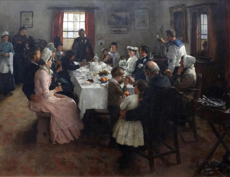 Stanhope Alexander Forbes, The Health of the Bride (Familienfest, Hochzeit, Hochzeitspaar, Toast, Gäste, Interieur, Stube, Postimpressionismus, Wunschgröße, Wohnzimmer, Klassiker)