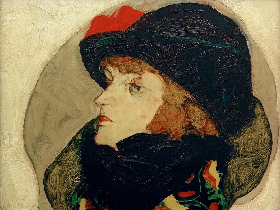 Egon Schiele, Bildnis Ida Roessler (Ehefrau,Damenhut,Frau,Kopfbedeckung,Hut,Portrait,Expressionismus,Österreichische Kunst,Profil,Person,Kragen (Hochgeschlagen))