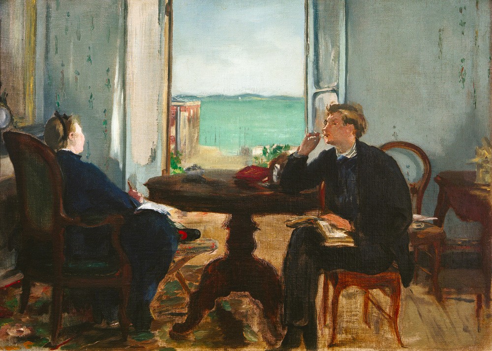 Edouard Manet, Interieur in Arcachon (Buch,Fenster,Kunst,Leser,Maler (Künstler),Freizeit,Wohnung,Tisch,Ehefrau Von Berühmten,Lesen (Allgemein),Künstlerfrau,Mutter Und Sohn,Interieur,Blick Aus Dem Fenster,Französische Kunst,Harmonie,Familienleben,Künstlerfamilie,Erholung,Sitzen,Entspannung,Fen)