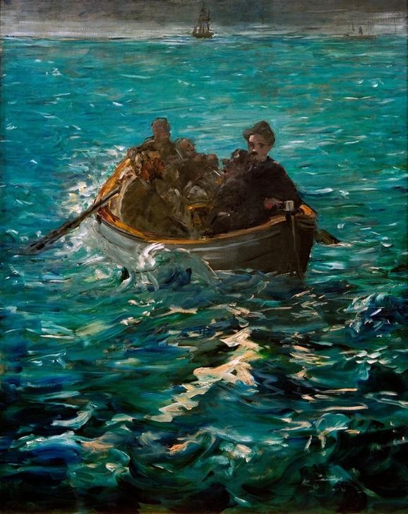 Edouard Manet, Die Flucht des Henri Rochefort – Die große Studie (Ausbruch,Boot,Geschichte,Journalist,Kritiker,Kunst,Landschaft,Mann,Mensch,Politiker,Publizist,Ruderboot,Schiffstypen,Szene,Tageszeiten,Nacht,Meer,Flucht,Exil,Französische Kunst,Strafkolonie,Schifffahrt)