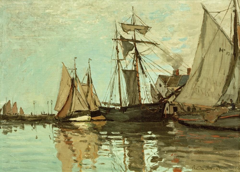 Claude Monet, Boote im Hafen von Honfleur (Boot,Hafen,Kunst,Schiff,Schiffstypen,Segelschiff,Verkehr,Impressionismus,Segelboot,Spiegelung,Marinemalerei,Französische Kunst,Privatsammlung,Schifffahrt)