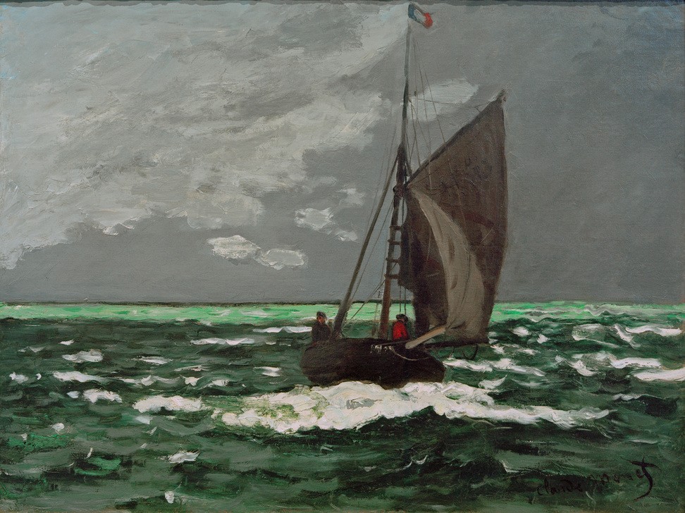Claude Monet, Seestück: Sturm (Boot,Himmel (Natur),Kunst,Landschaft,Meteorologie,Schiffstypen,Verkehr,Wetter,Wolke,Meer,Impressionismus,Segelboot,Marinemalerei,Französische Kunst,Unwetter,Horizont,Schlechtes Wetter,Sturm,Schifffahrt)