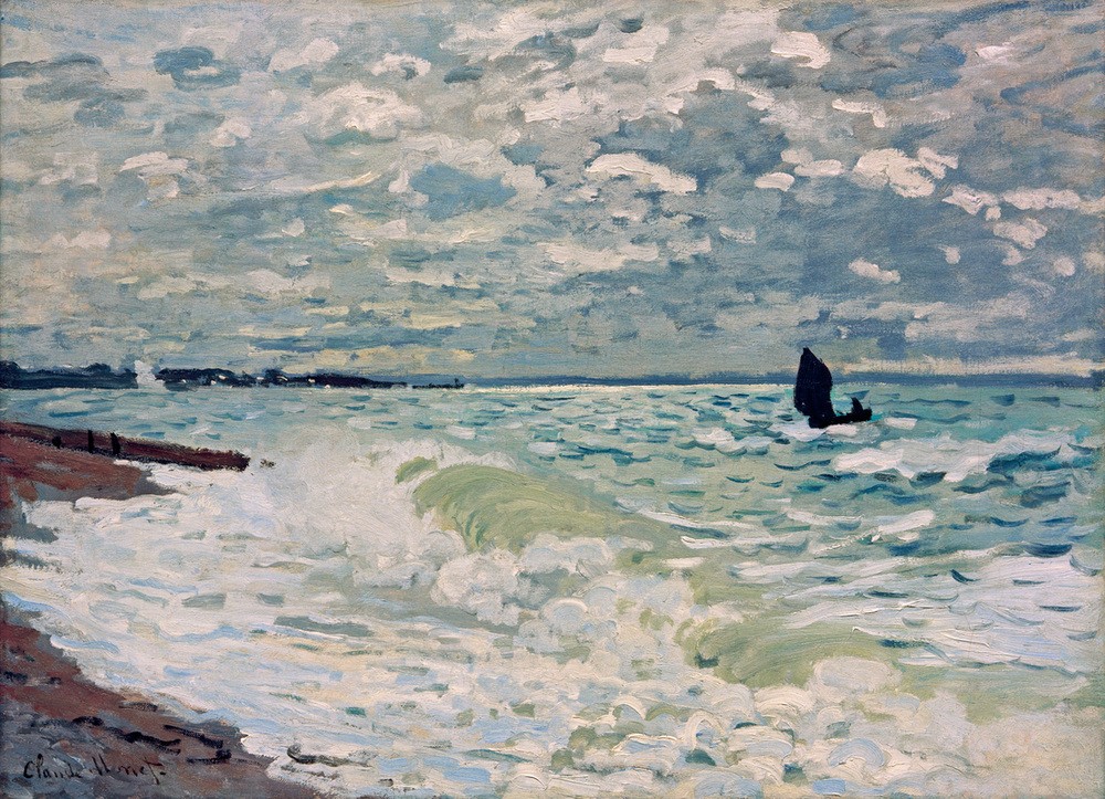Claude Monet, Das Meer bei Sainte-Adresse (Boot,Himmel (Natur),Jahreszeiten,Küste,Kunst,Landschaft,Meteorologie,Schiffstypen,Sommer,Wetter,Wolke,Meer,Impressionismus,Segelboot,Marinemalerei,Französische Kunst,Schönwetter,Welle,Schifffahrt)