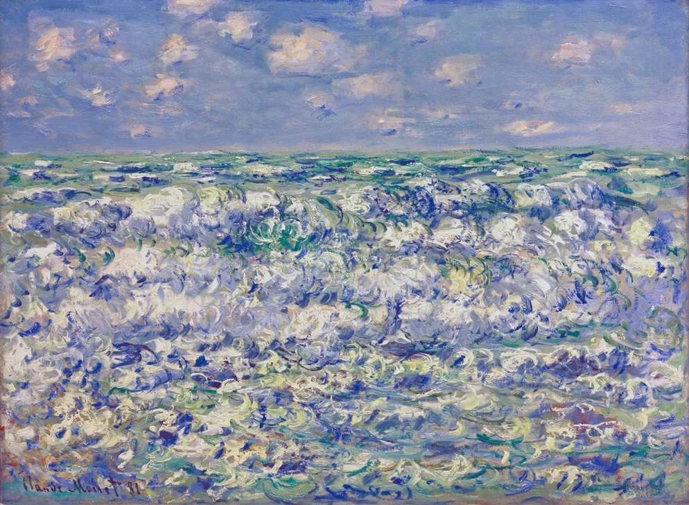 Claude Monet, Brechende Wellen (Himmel (Natur),Kunst,Landschaft,Meteorologie,Wolke,Meer,Impressionismus,Marinemalerei,Französische Kunst,Welle,Blau,Grün,Horizont,Farbe)