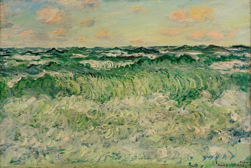 Claude Monet, Seestück (Seestudie) (Himmel (Natur),Kunst,Landschaft,Meteorologie,Wolke,Tageszeiten,Abend,Meer,Impressionismus,Marinemalerei,Französische Kunst,Welle,Blau,Grün,Horizont,Privatsammlung,Abendrot,Farbe)