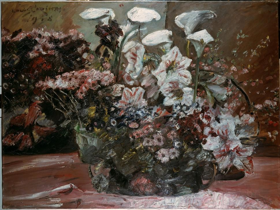 Lovis Corinth, Blumenkorb mit Amaryllis und Kalla (Botanik,Deutsche Kunst,Impressionismus,Stillleben,Blumenstrauss,Amaryllis,Blume,Kalla)