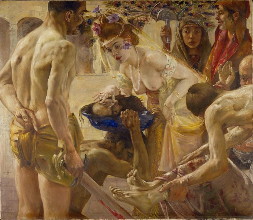 Lovis Corinth, Salome (Christentum,Deutsche Kunst,Enthaupten,Hinrichtung,Religion,Schmuck,Szene,Theater,Impressionismus,Perle,Schleier,Dekollete,Busen,Neues Testament,Bibel,Henker,Expressionismus,Kleidung (Allgemein),Tetrarch)