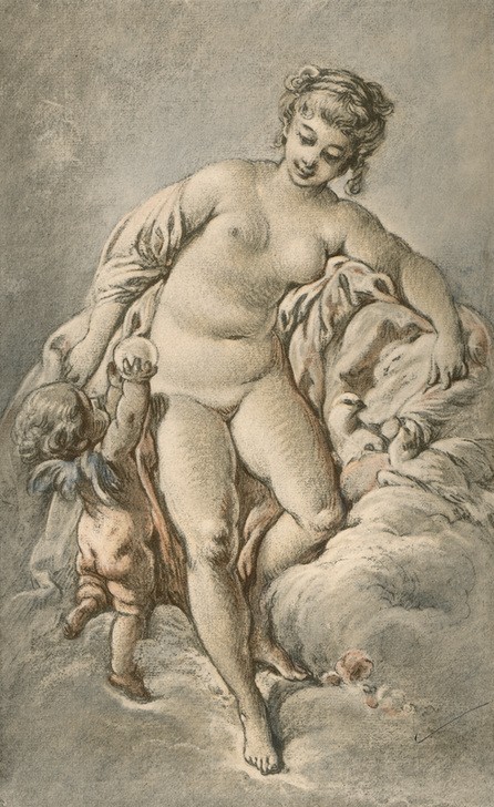 Francois Boucher, Venus mit der Taube (Apfel,Erotik,Frau,Liebe,Mythologie,Taube,Vogel,Schönheit,Akt,Rokoko,Portrait,Französische Kunst,Göttin,Junge Frau,Ganzfigurig,Griechisch-Römische Mythologie,Symbolik)