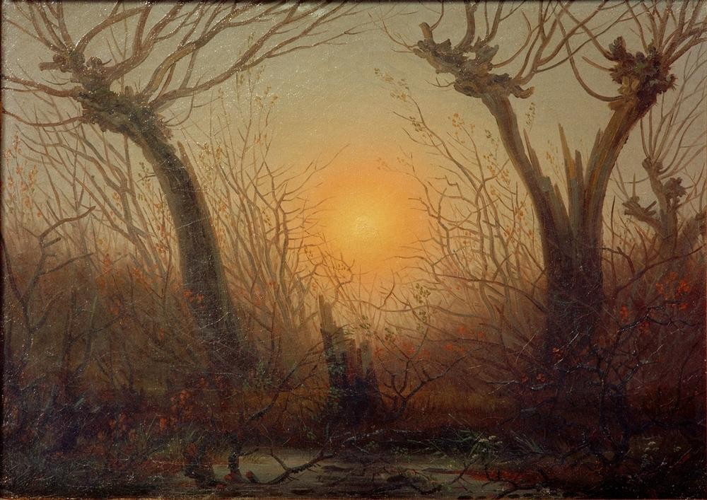 Caspar David Friedrich, Weidengebüsch bei tiefstehender Sonne (Deutsche Kunst,Kunst,Landschaft,Weide,Sonne,Tageszeiten,Abend,Baumstumpf,Sonnenlicht,Romantik,Tümpel)