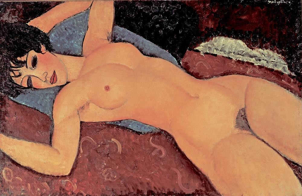 Amedeo Modigliani, Roter Frauenakt (Frau,Akt,Kissen,Italienische Kunst,Schamhaar,Liegen,Ecole De Paris)