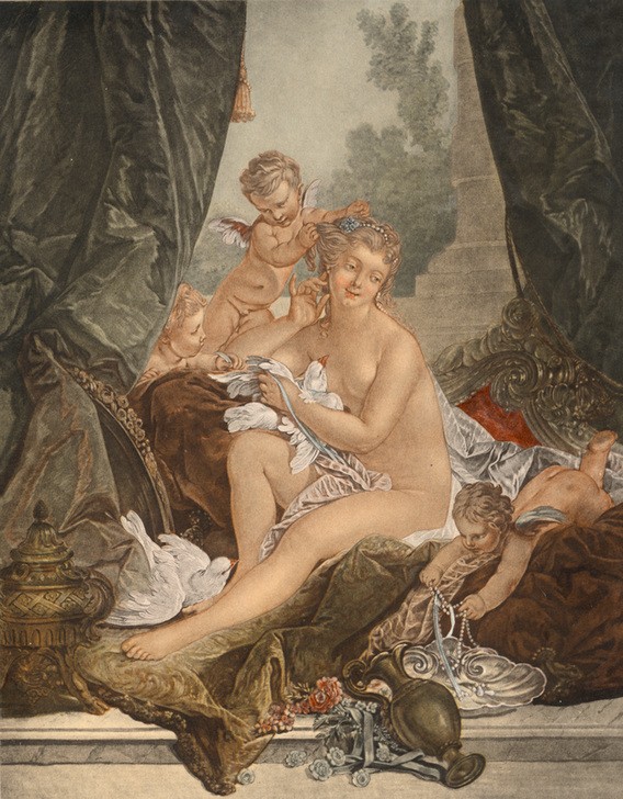 Francois Boucher, La Toilette de Venus (Körperpflege,Erotik,Frau,Liebe,Mythologie,Taube,Vogel,Schönheit,Perle,Akt,Rokoko,Portrait,Muschel,Französische Kunst,Göttin,Sitzen,Junge Frau,Ganzfigurig,Frisieren,Griechisch-Römische Mythologie,Symbolik)