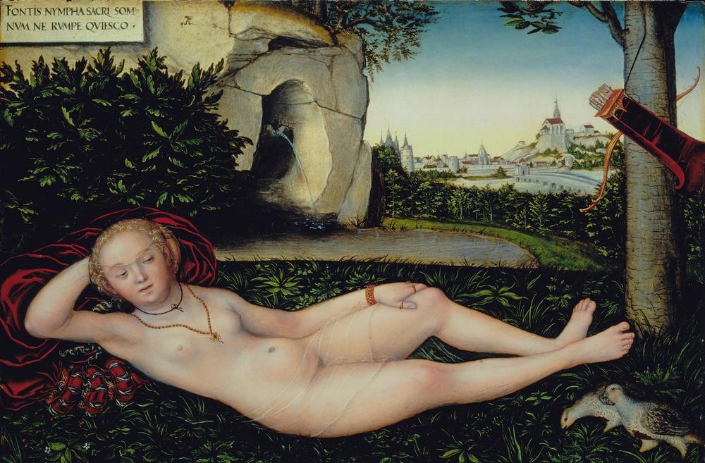 Lucas Cranach der Ältere, Liegende Quellnymphe (Botanik,Deutsche Kunst,Elemente,Frau,Mythologie,Pfeil,Schmuck,Stadt,Vogel,Wasser,Nymphe,Renaissance,Schleier,Akt,Allegorie,Quelle,Armreif,Halskette,Köcher,Rebhuhn,Blonde Haare,Fingerring,Locke,Liegen,Bogen (Waffe),Griechisch-Römische Mythologie)