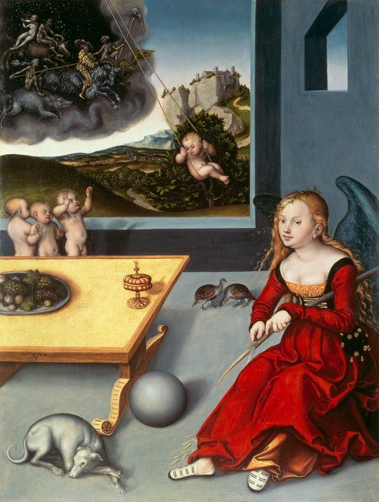 Lucas Cranach der Ältere, Die Melancholie (Deutsche Kunst,Hexe,Hexenritt,Magie,Esoterik,Aberglaube,Psychologie,Temperamente,Renaissance,Allegorie,Melancholie,Teufel,Phantastische Kunst,Schnitzen,Phantasie)