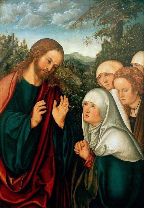 Lucas Cranach der Ältere, Christi nimmt Abschied von seiner Mutter und von seinen Ver (Abschied (Verabschieden),Christentum,Deutsche Kunst,Religion,Renaissance,Neues Testament,Bibel,Marienleben,Mutter Und Sohn)