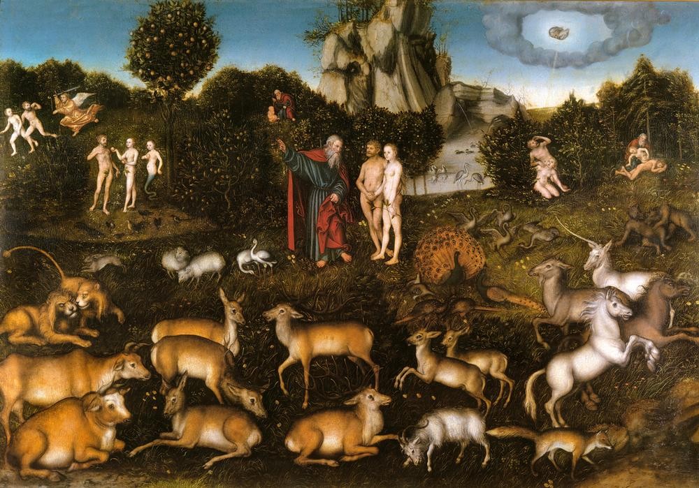 Lucas Cranach der Ältere, Das Paradies (Christentum,Deutsche Kunst,Renaissance,Altes Testament,Vertreibung Aus Dem Paradies,Sündenfall,Bibel,Paradies,Gottvater,Baum Der Erkenntnis,Genesis,Jüdisch-Christlich)