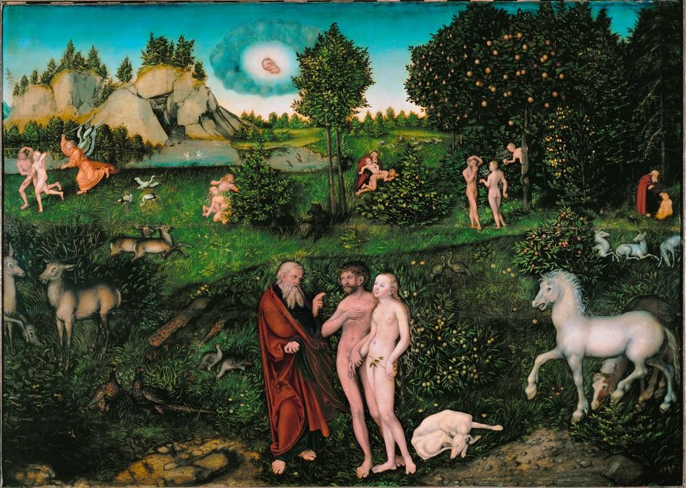 Lucas Cranach der Ältere, Das Paradies (Deutsche Kunst,Kult,Landschaft,Renaissance,Altes Testament,Vertreibung Aus Dem Paradies,Sündenfall,Bibel,Paradies,Gottvater,Versuchung,Baum Der Erkenntnis,Paar,Genesis,Tier,Jüdisch-Christlich)