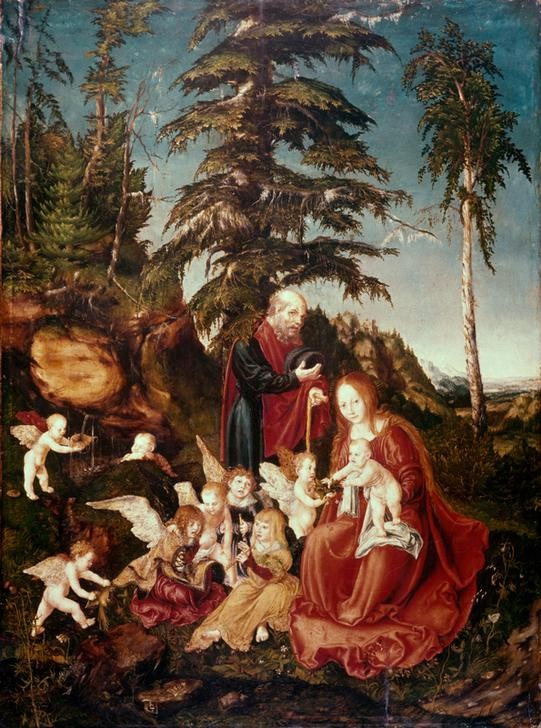 Lucas Cranach der Ältere, Ruhe auf der Flucht nach Ägypten (Blasinstrument,Botanik,Christentum,Deutsche Kunst,Engel,Landschaft,Musik,Religion,Wasser,Weihnachten (Kalenderfeste),Instrument,Renaissance,Heilige Familie,Maria Mit Kind,Flucht,Neues Testament,Bibel,Putto,Quelle,Baum,Donauschule,Ruhe Auf Der Flucht,Engel)