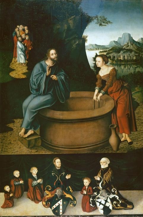 Lucas Cranach der Ältere, Christus und die Samariterin mit Stifterfamilie (Christentum,Deutsche Kunst,Eltern Mit Kind,Familie,Gebet,Religion,Brunnen,Renaissance,Samariterin,Neues Testament,Bibel,Stifterbildnis,Unterhaltung (Gespräch))