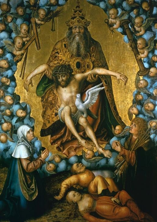 Lucas Cranach der Ältere, Die Dreifaltigkeit, verehrt von Maria und Sebastian (Deutsche Kunst,Engel,Heilige,Religion,Renaissance,Leidenswerkzeuge Christi,Gottvater,Dreifaltigkeit,Gnadenstuhl)