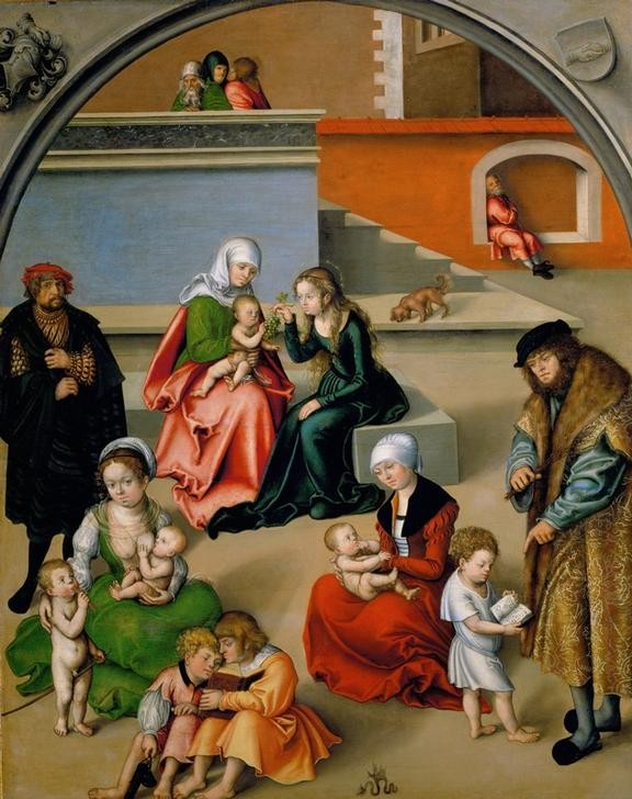 Lucas Cranach der Ältere, Die Heilige Sippe (Christentum,Deutsche Kunst,Eltern Mit Kind,Familie,Kind,Kult,Lesenlernen,Pädagogik,Religion,Stillen,Selbstbildnis,Renaissance,Heilige Familie,Maria Mit Kind,Neues Testament,Bibel,Portrait,Jungfrau,Grossfamilie,Kleidung (Allgemein),Heilige Sippe)