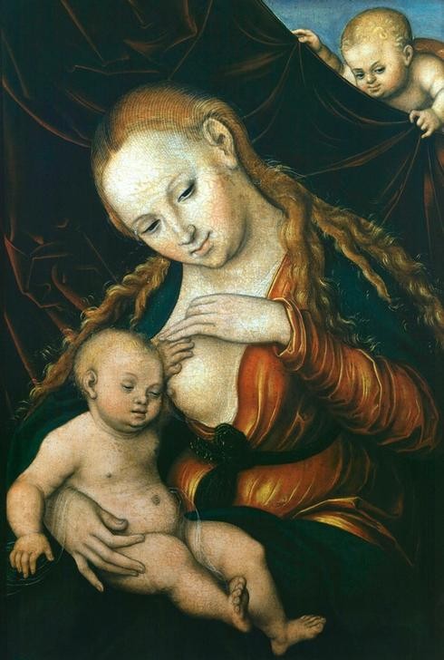 Lucas Cranach der Ältere, Die Madonna, dem Kinde die Brust reichend (Deutsche Kunst,Mutter Und Kind,Religion,Stillen,Renaissance,Maria Mit Kind)