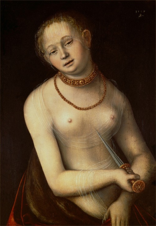 Lucas Cranach der Ältere, Lucretia (Deutsche Kunst,Frau,Geschichte,Sage,Literatur,Selbstmord,Szene,Tod,Renaissance,Akt,Tugend,Portrait,Keuschheit,Nacktheit,Römisches Reich,Person,Erdolchen)