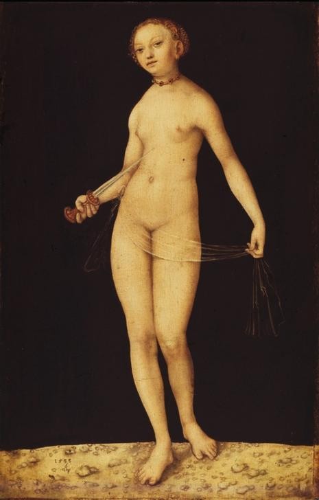 Lucas Cranach der Ältere, Lucretia (Deutsche Kunst,Frau,Geschichte,Sage,Kunst,Literatur,Selbstmord,Szene,Tod,Renaissance,Akt,Tugend,Portrait,Keuschheit,Nacktheit,Römisches Reich,Person,Erdolchen)