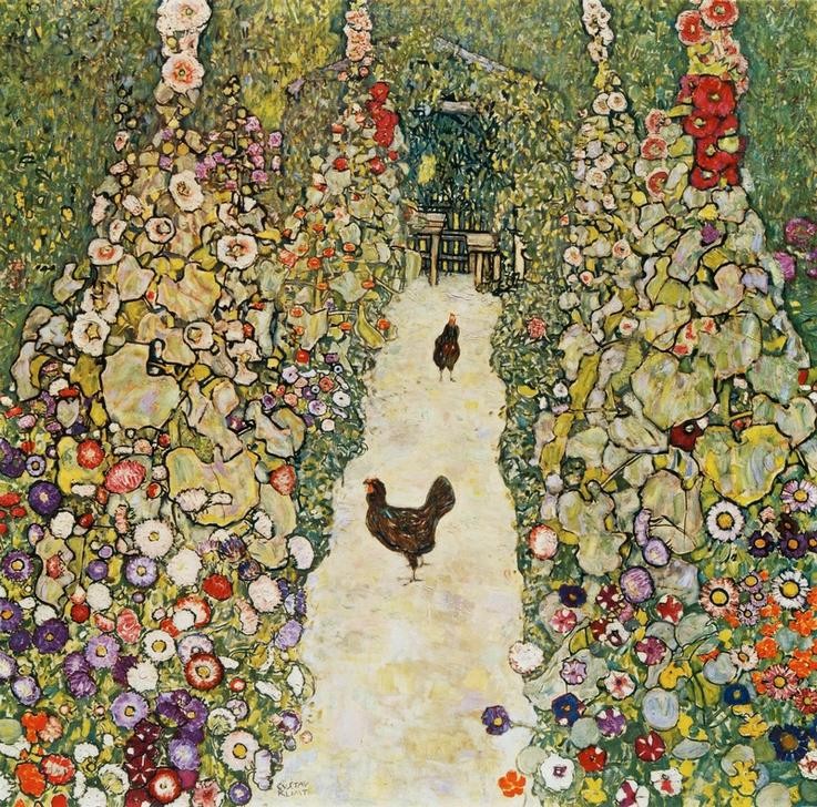 Gustav Klimt, Gartenweg mit Hühnern  (Klassische Moderne,dekorativ, Jugendstil, Blumen, Blumengarten, Gartenweg, schwarzes Huhn, bunt, Wohnzimmer, Treppenhaus, Schlafzimmer, Wintergarten, Malerei)