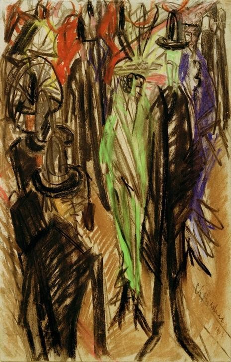 Ernst Ludwig Kirchner, Straßenszene mit grüner Dame (Deutsche Kunst,Kunst,Mensch,Strassenszene,Verkehr,Expressionismus,Die Brücke,Fussgänger,Passant)