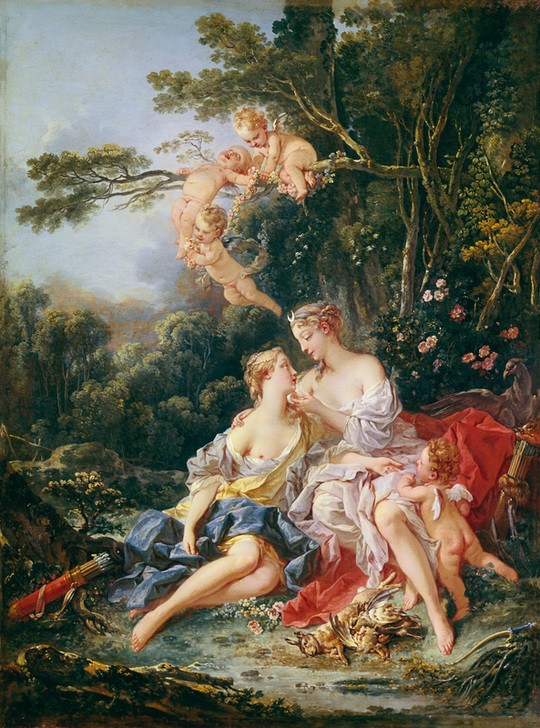 Francois Boucher, Jupiter und Kallisto (Erotik,Jagd,Kunst,Liebe,Liebespaar,Mythologie,Nymphe,Lesbische Liebe,Rokoko,Metamorphose,Götterliebschaften,Köcher,Französische Kunst,Zärtlichkeit,Jägerin,Amorette,Griechisch-Römische Mythologie)