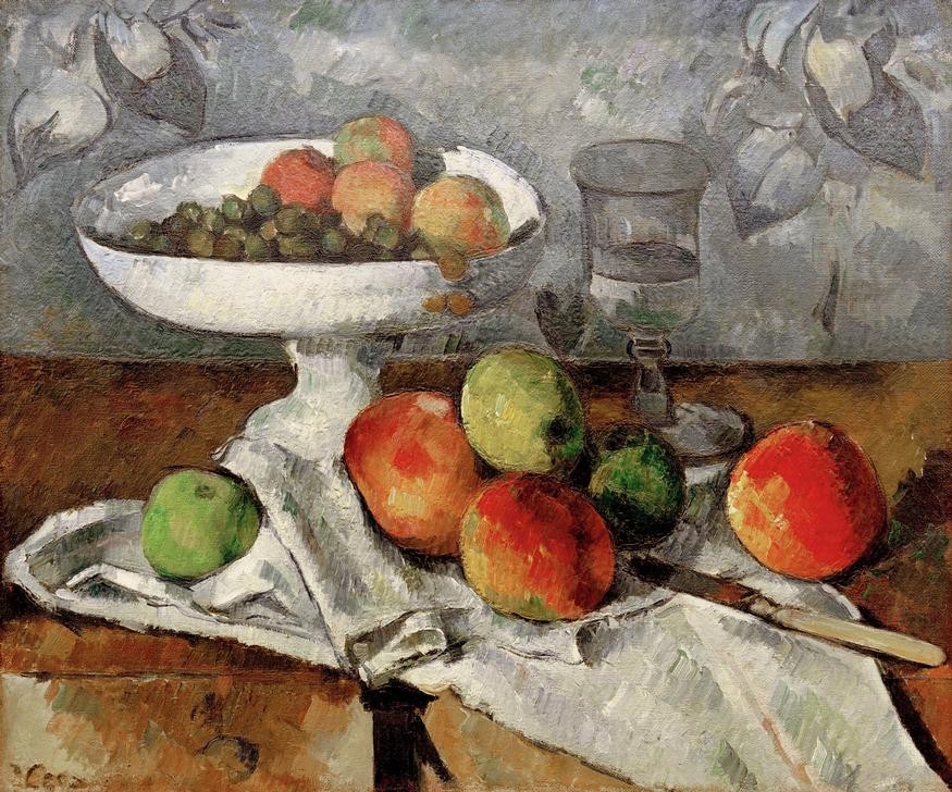 Paul Cézanne, Nature morte au compotier (Apfel,Kunst,Obst,Impressionismus,Stillleben,Messer,Schale (Gefäss),Französische Kunst,Obstschale,Weintraube,Serviette,Wasserglas,Trinkglas,Obstmesser,Faltenwurf)