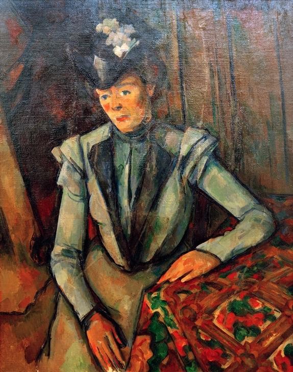 Paul Cézanne, La Dame en bleu (Damenhut,Damenmode,Frau,Kopfbedeckung,Kunst,Mensch,Mode,Impressionismus,Hut,Portrait,Französische Kunst,Kleid,Kleidung (Allgemein),Blau,Sitzen,Jahrhundertwende,Halbfigur,Farbe)