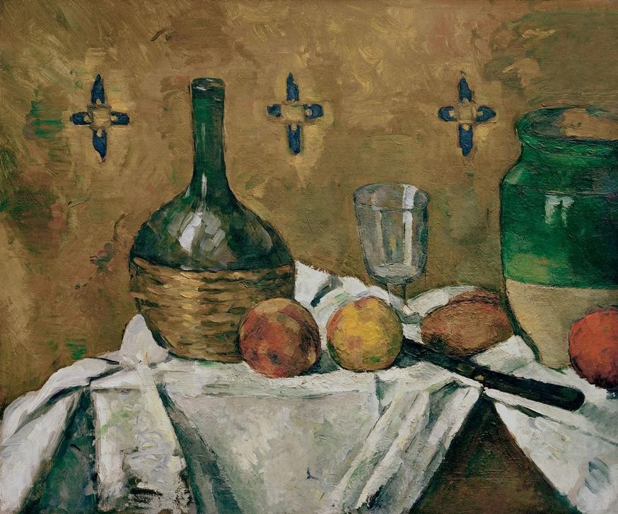 Paul Cézanne, Nature morte: fiasque, verre et poterie (Apfel,Glas,Kunst,Obst,Impressionismus,Stillleben,Messer,Tischtuch,Flasche,Französische Kunst,Topf,Trinkglas,Obstmesser)