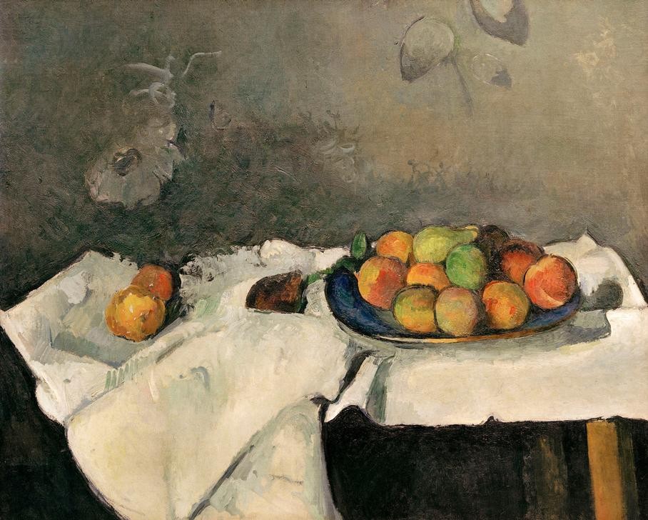Paul Cézanne, Assiette de pêches (Kunst,Obst,Impressionismus,Tisch,Stillleben,Tischtuch,Teller,Pfirsich,Französische Kunst,Obstteller)