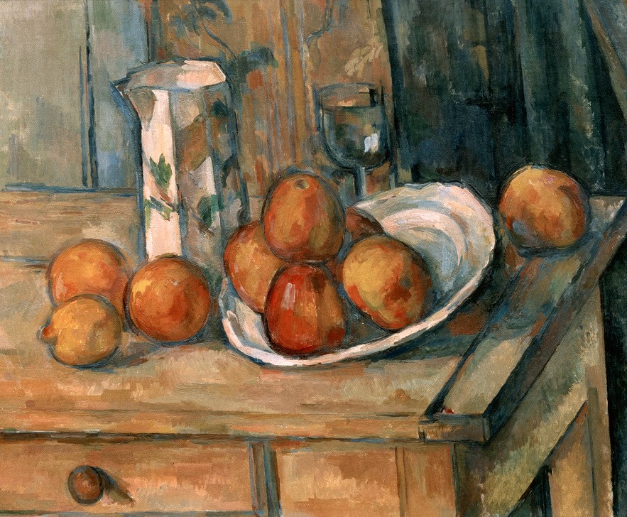 Paul Cézanne, Nature morte: pot à lait et fruits (Apfel,Früchte,Kunst,Obst,Impressionismus,Stillleben,Schale (Gefäss),Französische Kunst,Obstschale,Gefäss,Zitrone,Milchkanne,Jahrhundertwende,Trinkglas,Krug)