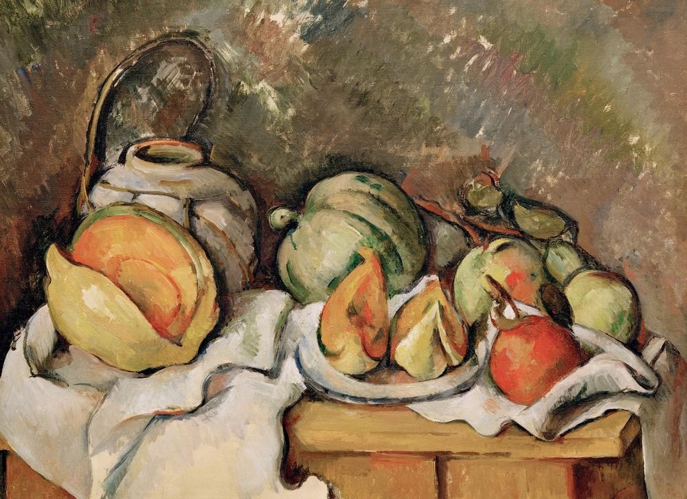 Paul Cézanne, Nature morte (Früchte,Kunst,Obst,Impressionismus,Stillleben,Tischtuch,Französische Kunst,Melone (Frucht),Krug)