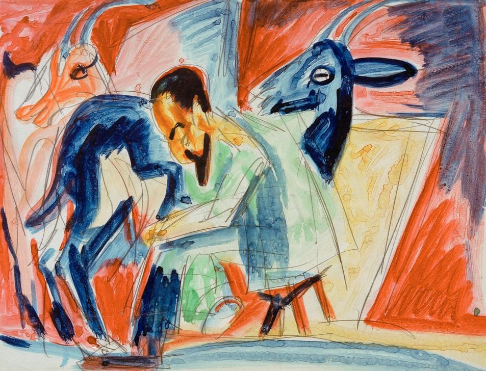 Ernst Ludwig Kirchner, Melkender Bauer (Ziegenmelker) (Bauer (Landwirt),Deutsche Kunst,Milchwirtschaft,Ziege,Expressionismus,Melken,Die Brücke,Landleben,Senn,Ziegenmilch,Landwirtschaft)