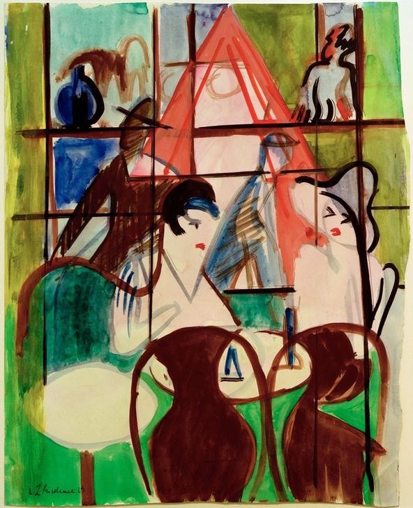 Ernst Ludwig Kirchner, Bahnhofscafé (Bahnhof,Deutsche Kunst,Frau,Gastronomie,Gesellschaftliches Leben,Damenkränzchen,Expressionismus,Die Brücke,Cafe,Frauenleben,Geselliges Beisammensein,Unterhaltung (Gespräch))