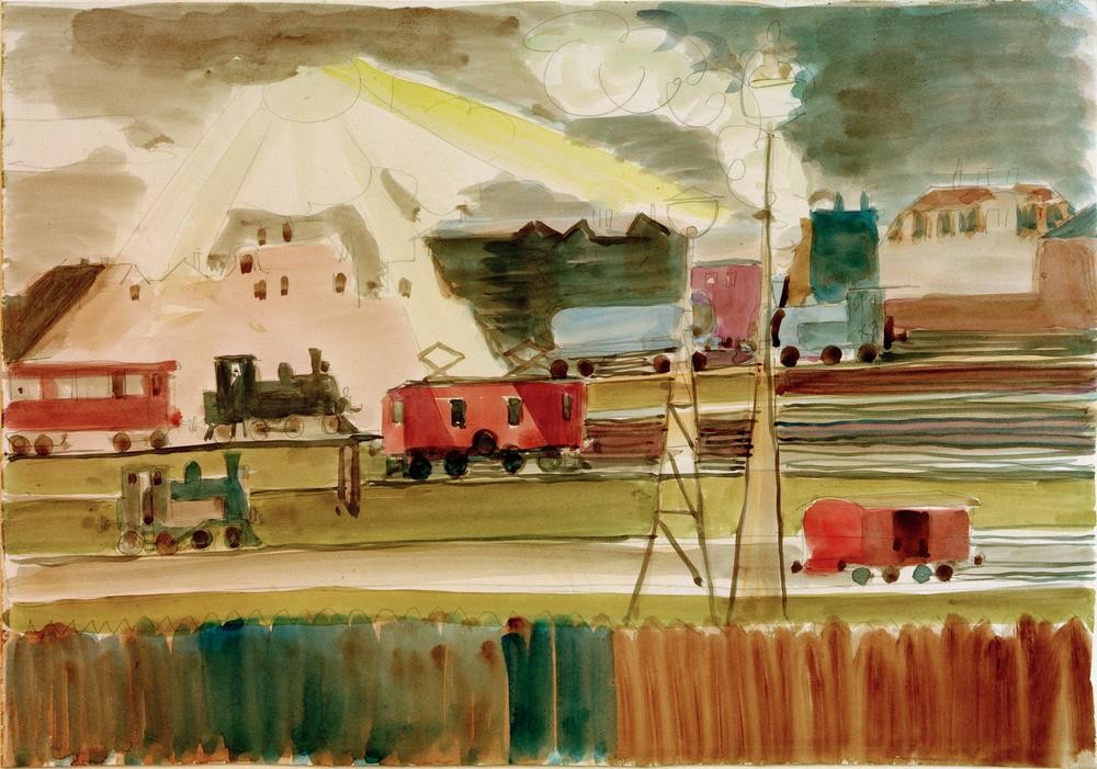 Ernst Ludwig Kirchner, Bahnhof bei untergehender Sonne (Bahnhof,Deutsche Kunst,Eisenbahn,Lokomotive,Sonnenuntergang,Verkehr,Sonne,Tageszeiten,Abend,Expressionismus,Die Brücke)