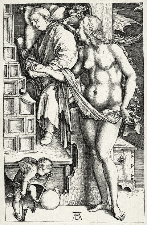 Albrecht Dürer, Der Traum (Deutsche Kunst,Frau,Wohnung,Traum,Renaissance,Akt,Kachelofen,Teufel,Ofen (Heizung),Liebestraum,Stelzen,Vita Passiva,Blasebalg,Schlafen (Schlaf))