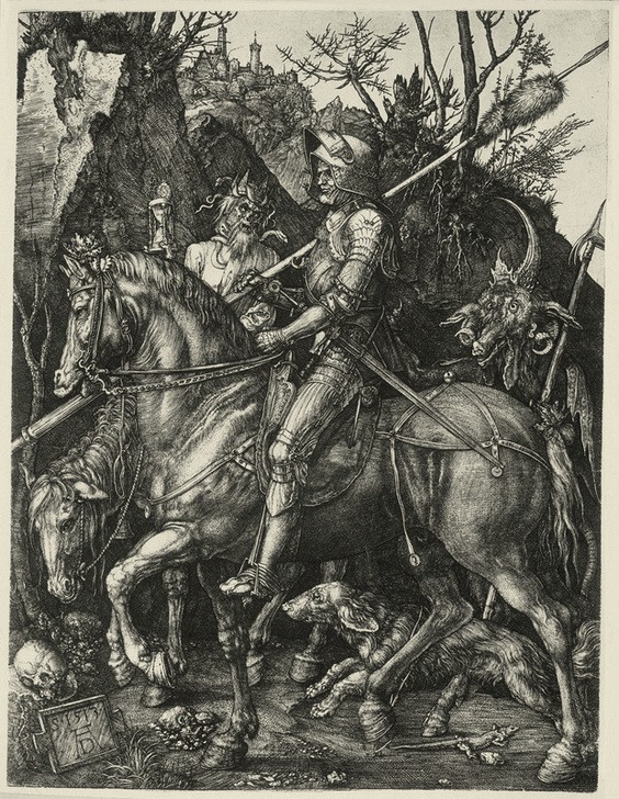 Albrecht Dürer, Ritter, Tod und Teufel (Deutsche Kunst,Pferd (Tier),Ritter,Rittertum,Tod,Reiter,Renaissance,Allegorie,Teufel,Stundenglas,Vita Activa)