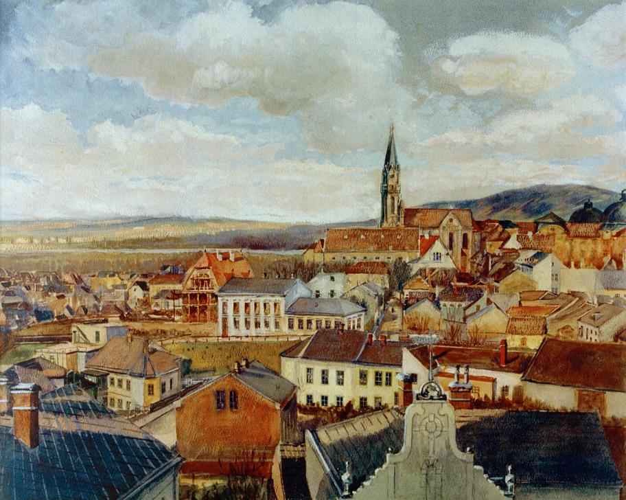 Egon Schiele, Blick vom Zeichensaal des Realgymnasiums Klosterneuburg auf (Augustiner-Chorherrenstift,Architektur,Himmel (Natur),Kirche,Kloster,Klosterkirche,Kunst,Landschaft,Meteorologie,Stadt,Stiftskirche,Stift,Teilansicht,Wolke,Kleinstadt,Stadtansicht,Architekturdarstellung,Österreichische Kunst,Dachlandschaft,Kirchturm,Jahrh)