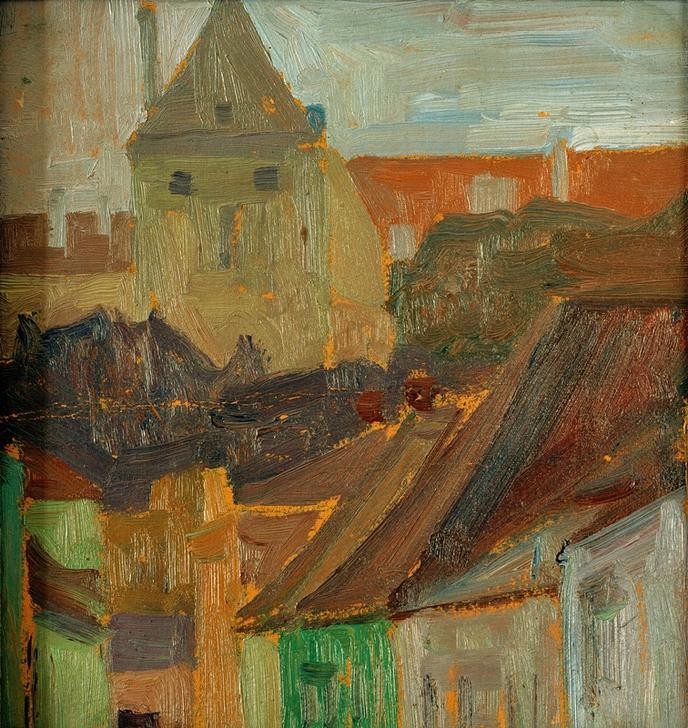 Egon Schiele, Häuserstudie (Stiftskeller) (Augustiner-Chorherrenstift,Architektur,Dach,Haus,Keller,Kloster,Kunst,Stadt,Stift,Kleinstadt,Studie,Architekturdarstellung,Österreichische Kunst,Ansicht,Aussenansicht,Gebäude)